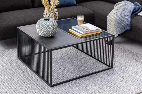 Strington soffbord 80x80 cm glas røgfarvet, svart marmor dekor.