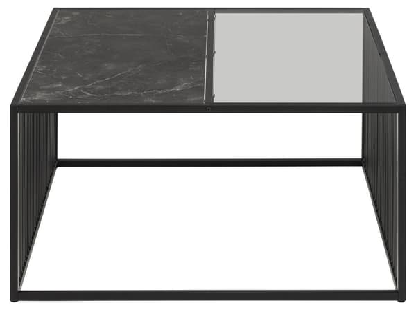 Strington soffbord 80x80 cm glas røgfarvet, svart marmor dekor.