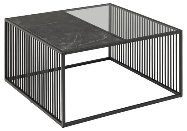 Strington soffbord 80x80 cm glas røgfarvet, svart marmor dekor.
