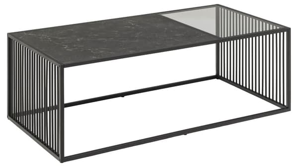 Strington sofabord 120x60 cm glas, røgfarvet, sort marmor dekor.