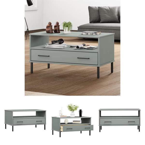 The Living Store sofabord med metalben OSLO 85x50x45 cm massivt træ grå -  Sofaborde