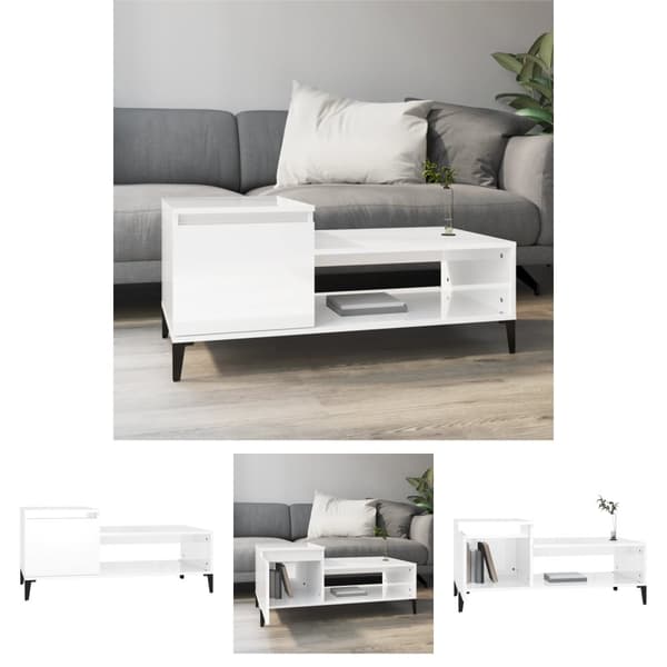 The Living Store sofabord 100x50x45 cm konstrueret træ hvid højglans -  Sofaborde