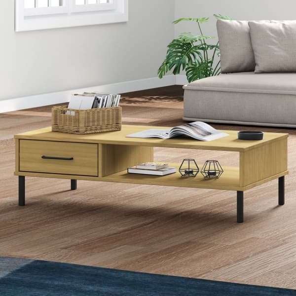 The Living Store sofabord med metalben OSLO massivt fyrretræ brun -  Sofaborde