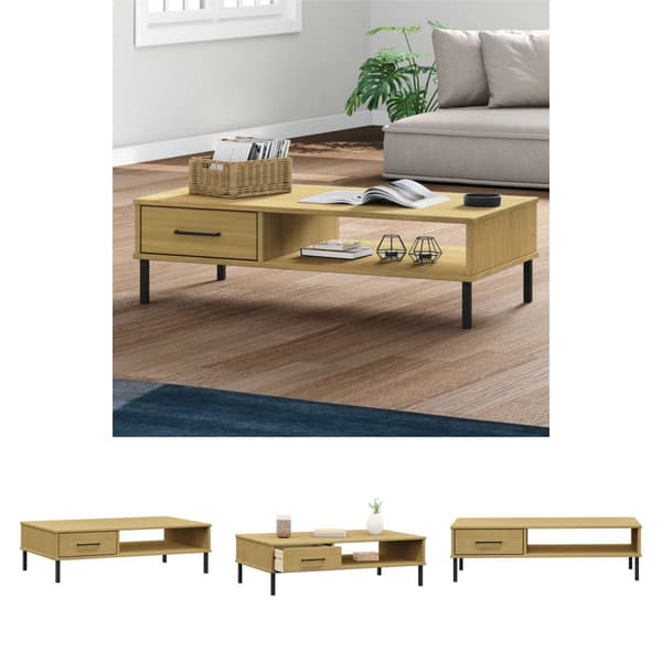 The Living Store sofabord med metalben OSLO massivt fyrretræ brun - Sofaborde
