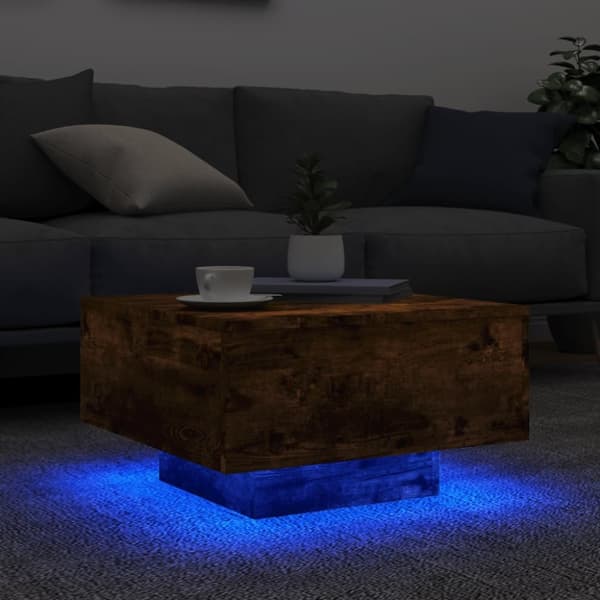 The Living Store sofabord med LED-lys 55x55x31 cm røget egetræsfarve -  Sofaborde