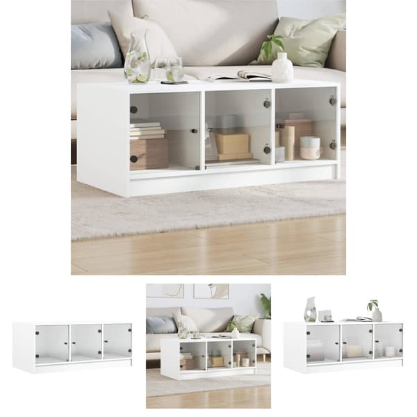 The Living Store Soffbord med glasdörrar vit 102x50x42 cm -  Soffbord