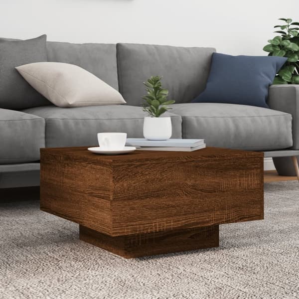 The Living Store sofabord med LED-lys 55x55x31 cm brun egetræsfarve - Sofaborde