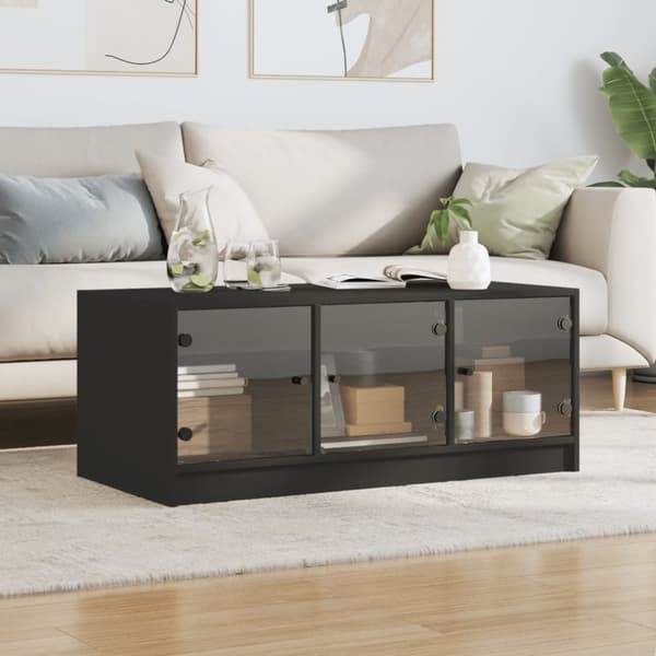 The Living Store Soffbord med glasdörrar svart 102x50x42 cm - Soffbord