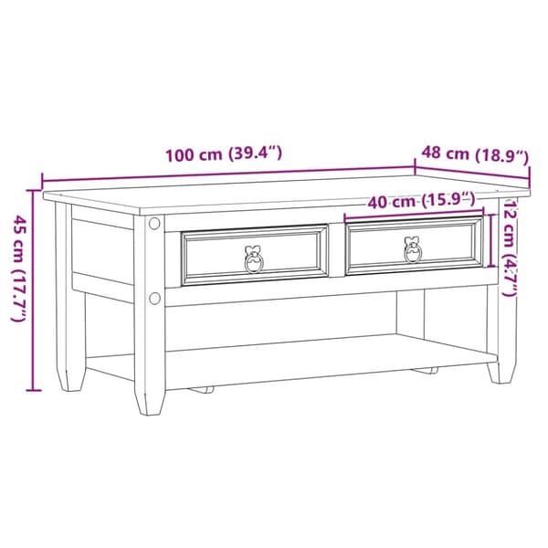 Soffbord med lådor Corona 100x48x45 cm massivt trä