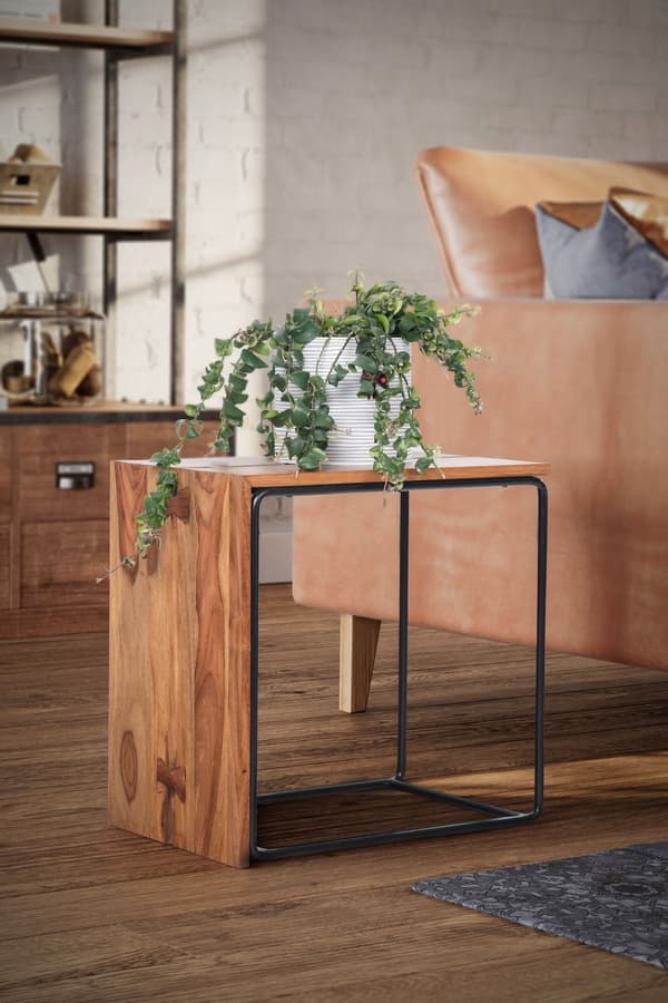 Rootz sidebord - massivt træ og metal endebord - industriel stil accent bord - håndlavet, holdbart, beskyttende klar lak - 45 cm x 30 cm x 45 cm