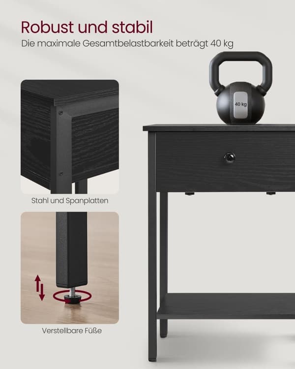 Rootz Ebony Black Sengebord - Natbord - Spånplade Stål - 40cm x 40cm x 55cm - Maks. 40 kg bæreevne - Skuffehylde - Nem montering