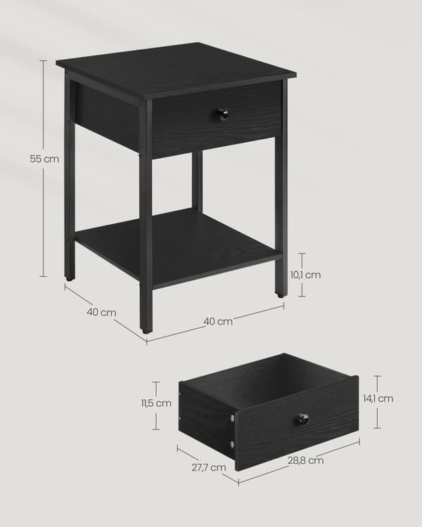 Rootz Ebony Black Sengebord - Natbord - Spånplade Stål - 40cm x 40cm x 55cm - Maks. 40 kg bæreevne - Skuffehylde - Nem montering