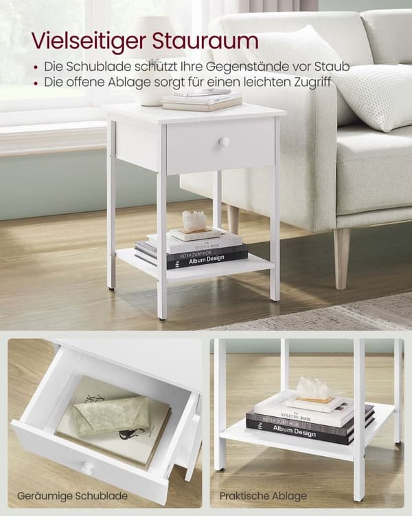 Rootz sæt med 2 mathvide sengeborde - natborde - spånplader og stålkonstruktion - 40 cm x 40 cm x 55 cm - 20 kg overfladekapacitet - 10 kg skuffekapac