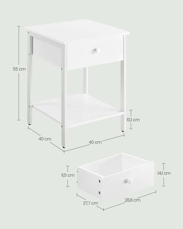Rootz sæt med 2 mathvide sengeborde - natborde - spånplader og stålkonstruktion - 40 cm x 40 cm x 55 cm - 20 kg overfladekapacitet - 10 kg skuffekapac