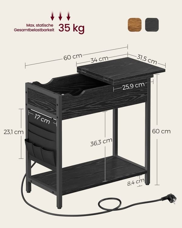 Rootz Black Wood Grain Sidebord - Stofpose af spånplader - Bærbart endebord - Letvægts - Nem montering - Alsidig brug - 60 cm x 31,5 cm x 60 cm