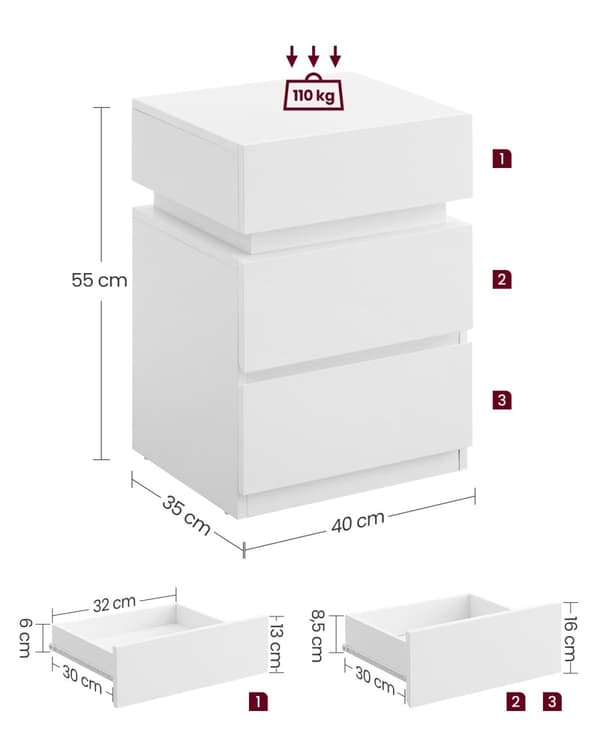 Rootz spånplade sidebord - Hvidt endebord - Sengebord - Natbord med 3 skuffer - 33,5 cm x 40 cm x 55 cm - Letvægts - Robust - Nem montering