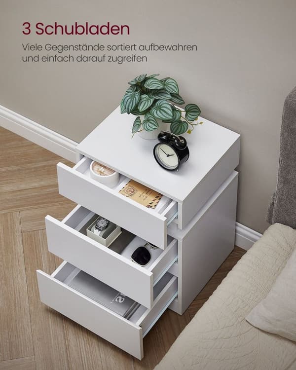 Rootz spånplade sidebord - Hvidt endebord - Sengebord - Natbord med 3 skuffer - 33,5 cm x 40 cm x 55 cm - Letvægts - Robust - Nem montering
