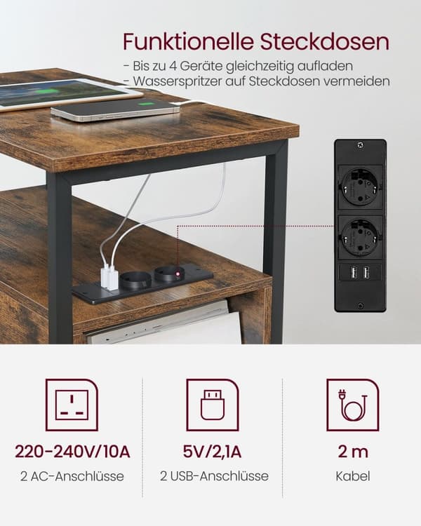 Rootz Vintage Brown-Classic Musta sivupöytä - Lastulevy teräshuonekalut - Yöpöydän päätypöytä - Tukeva rakenne - Tilava säilytys - Helppo koota - 60 c