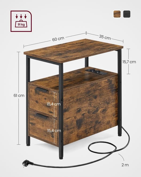Rootz Vintage Brown-Classic Musta sivupöytä - Lastulevy teräshuonekalut - Yöpöydän päätypöytä - Tukeva rakenne - Tilava säilytys - Helppo koota - 60 c