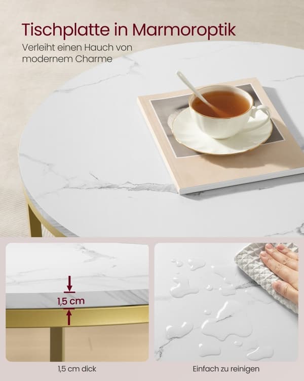 Rootz Marble White-Light Gold Soffbord - Vardagsrumsbord - Modernt bord - Spånskiva - Härdat glas - Stål - Justerbara fötter - Lätt - Rymlig - Enkel m