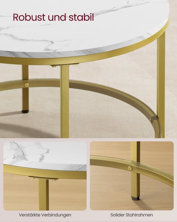 Rootz Marble White-Light Gold Soffbord - Vardagsrumsbord - Modernt bord - Spånskiva - Härdat glas - Stål - Justerbara fötter - Lätt - Rymlig - Enkel m