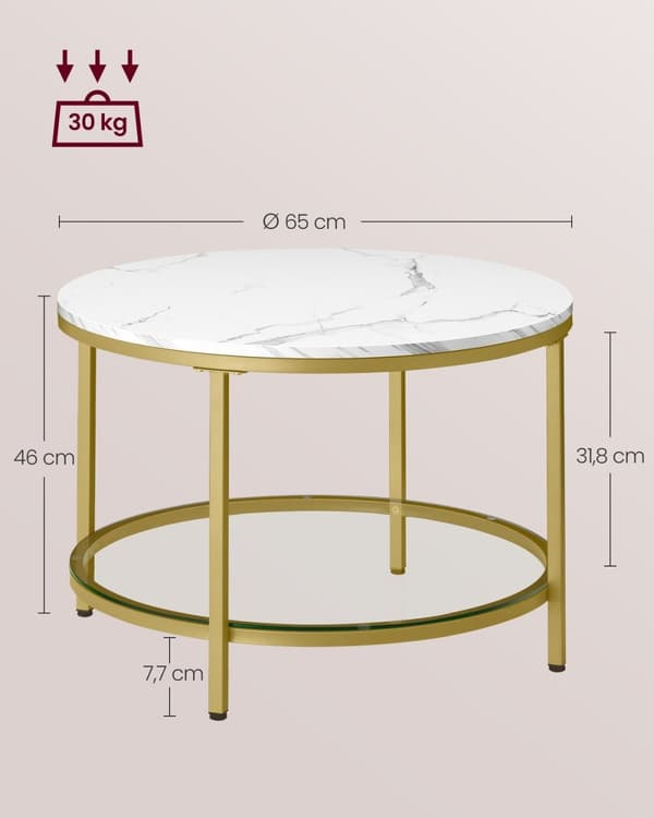 Rootz Marble White-Light Gold Soffbord - Vardagsrumsbord - Modernt bord - Spånskiva - Härdat glas - Stål - Justerbara fötter - Lätt - Rymlig - Enkel m