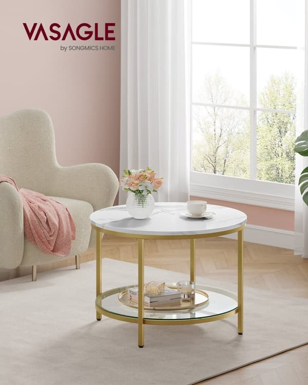Rootz Marble White-Light Gold Soffbord - Vardagsrumsbord - Modernt bord - Spånskiva - Härdat glas - Stål - Justerbara fötter - Lätt - Rymlig - Enkel m