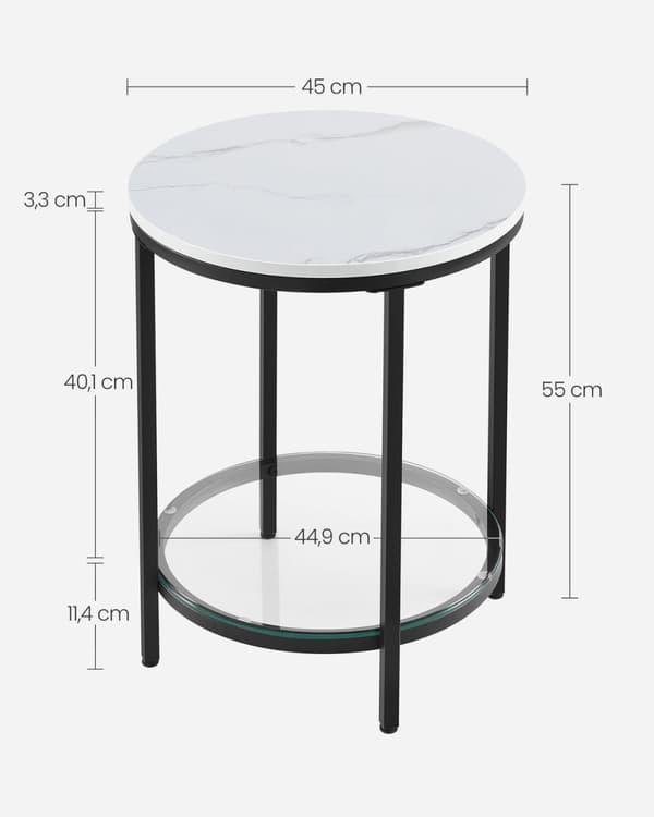 Rootz Marble Look Sidebord - Endebord - Accentbord - Stålramme - Spånplade - Hærdet glas - 45 cm x 55 cm - Letvægts - Robust - Nem montering