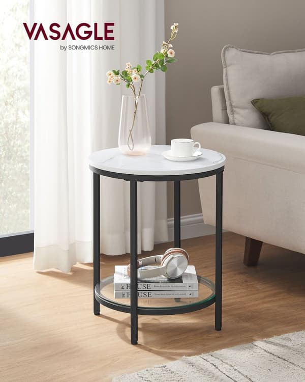 Rootz Marble Look Sidebord - Endebord - Accentbord - Stålramme - Spånplade - Hærdet glas - 45 cm x 55 cm - Letvægts - Robust - Nem montering