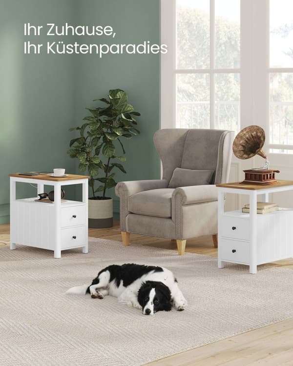 Rootz Sidebord med Power Strip - Endebord - Natbord - Træspånplade - MDF - Valnød Brun-Hvid - 60 cm x 35 cm x 60 cm - 17 kg - 90 kg Max belastningskap