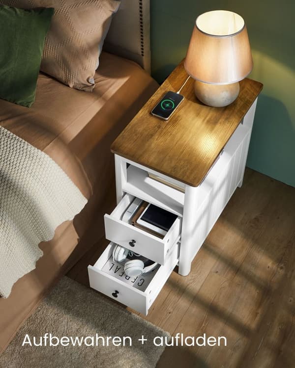 Rootz Sidebord med Power Strip - Endebord - Natbord - Træspånplade - MDF - Valnød Brun-Hvid - 60 cm x 35 cm x 60 cm - 17 kg - 90 kg Max belastningskap