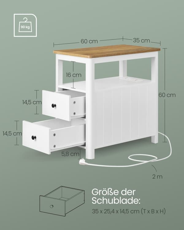 Rootz Sidebord med Power Strip - Endebord - Natbord - Træspånplade - MDF - Valnød Brun-Hvid - 60 cm x 35 cm x 60 cm - 17 kg - 90 kg Max belastningskap