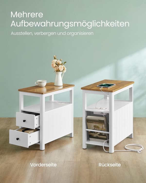 Rootz Sidebord med Power Strip - Endebord - Natbord - Træspånplade - MDF - Valnød Brun-Hvid - 60 cm x 35 cm x 60 cm - 17 kg - 90 kg Max belastningskap