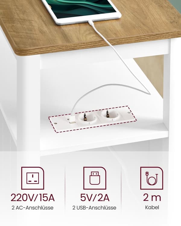 Rootz Sidebord med Power Strip - Endebord - Natbord - Træspånplade - MDF - Valnød Brun-Hvid - 60 cm x 35 cm x 60 cm - 17 kg - 90 kg Max belastningskap