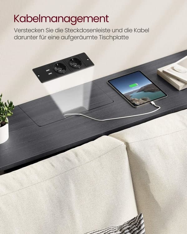 Rootz Modern Sidebord med Power Strip - Antracitgrå-blæk sort - Spånpladestål - 100 kg Kapacitet - 25 cm x 120 cm x 81,1 cm