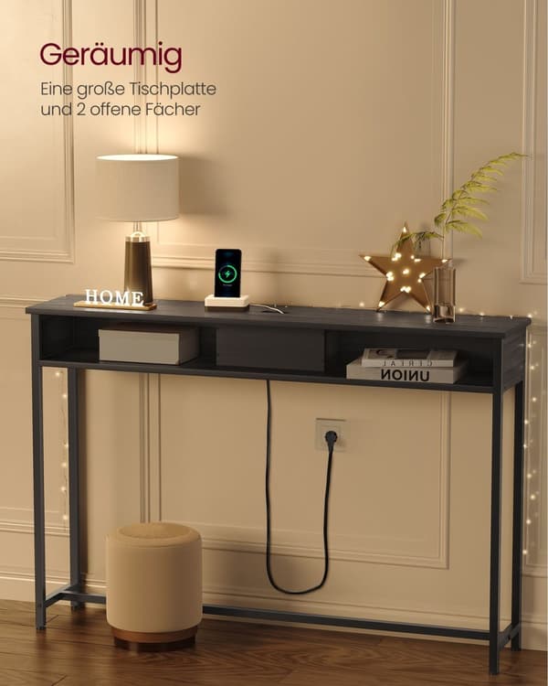 Rootz Modern Sidobord med Power Strip - Antracit Grå-Bläck Svart - Spånskiva stål - 100 kg Kapacitet - 25 cm x 120 cm x 81,1 cm