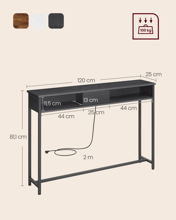 Rootz Modern Sidobord med Power Strip - Antracit Grå-Bläck Svart - Spånskiva stål - 100 kg Kapacitet - 25 cm x 120 cm x 81,1 cm
