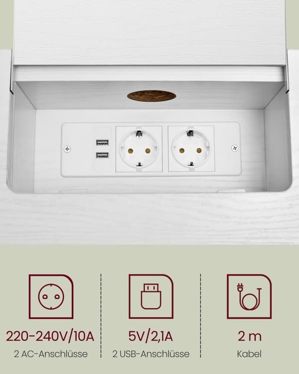 Rootz Snehvide spånpladestålsidebord - Endebord - Natbord - Power Strip - Letvægts - Robust - Nem montering - 25 cm x 120 cm x 81,1 cm