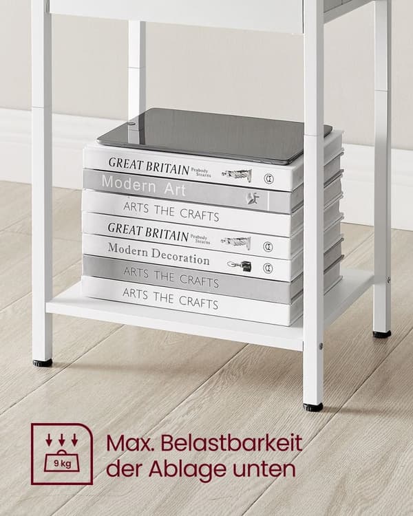 Rootz Hvidt sengebord - Natbord - Endebord - Spånplade stål ikke-vævet stof - 28cm x 38cm x 61cm - Letvægts - Robust - Nem montering