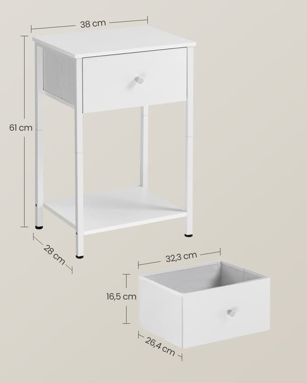 Rootz 2-delt sengeborde - Natbord - Endeborde - Spånplade stål ikke-vævet stof - 28cm x 38cm x 61cm - Hvid - Letvægts - Robust - Nem montering
