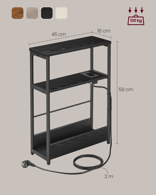 Rootz-yöpöytä pistorasialla - Yöpöytä - Päätypöytä - Lastulevy teräs - 18cm x 45cm x 58cm - Ebony Black-Ink Black - Kaapelinhallinta - Helppo koota -