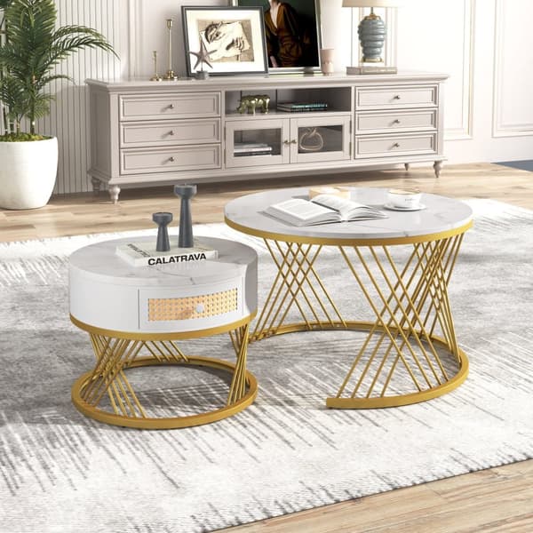 Ensemble de 2 tables basses gigognes - dessus effet marbre - Blanc