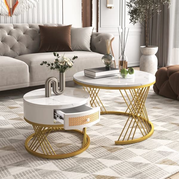 Ensemble de 2 tables basses gigognes - dessus effet marbre - Blanc
