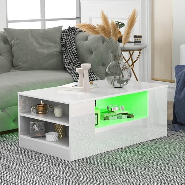 Kaffebord med LED-belysning + hyllor + lådor - Blank yta - Vit