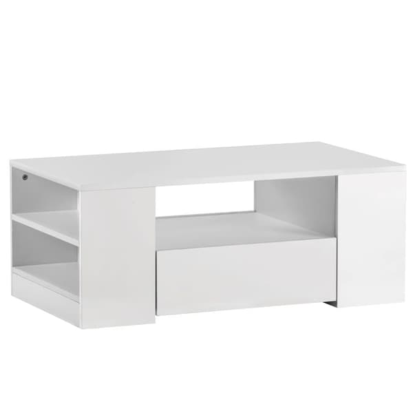 Kaffebord med LED-belysning + hyllor + lådor - Blank yta - Vit