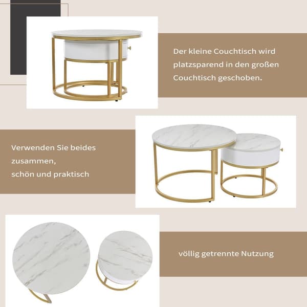 Set med 2 nästbord med låda - marmormönster - blank yta - vit