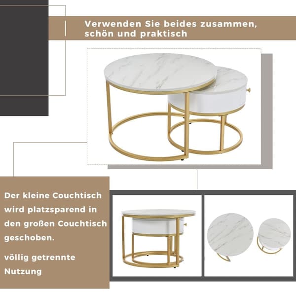 Set med 2 nästbord med låda - marmormönster - blank yta - vit