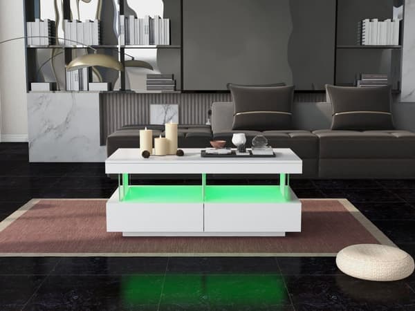 Soffbord med LED-belysning - med 2 lådor och fack - modern stil - Vit