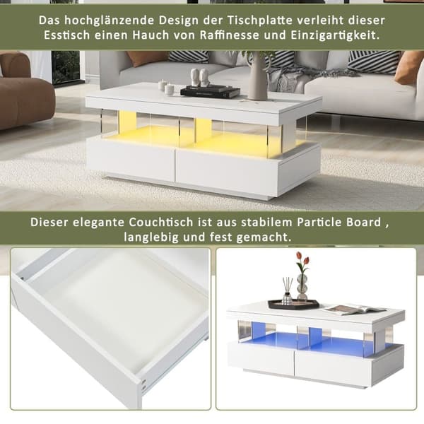 Soffbord med LED-belysning - med 2 lådor och fack - modern stil - Vit