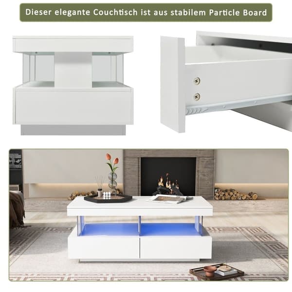 Soffbord med LED-belysning - med 2 lådor och fack - modern stil - Vit